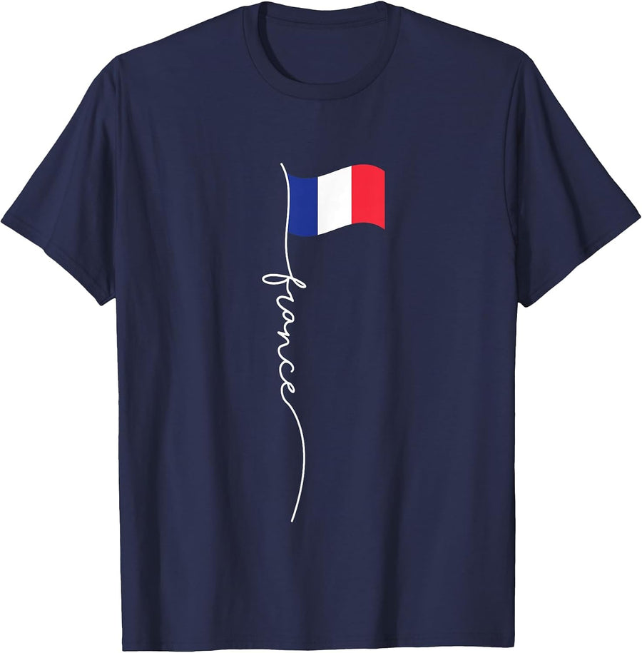 France Signature Flag Pole - Elegant Patriotic French Flag T-Shirt - Navy Blue