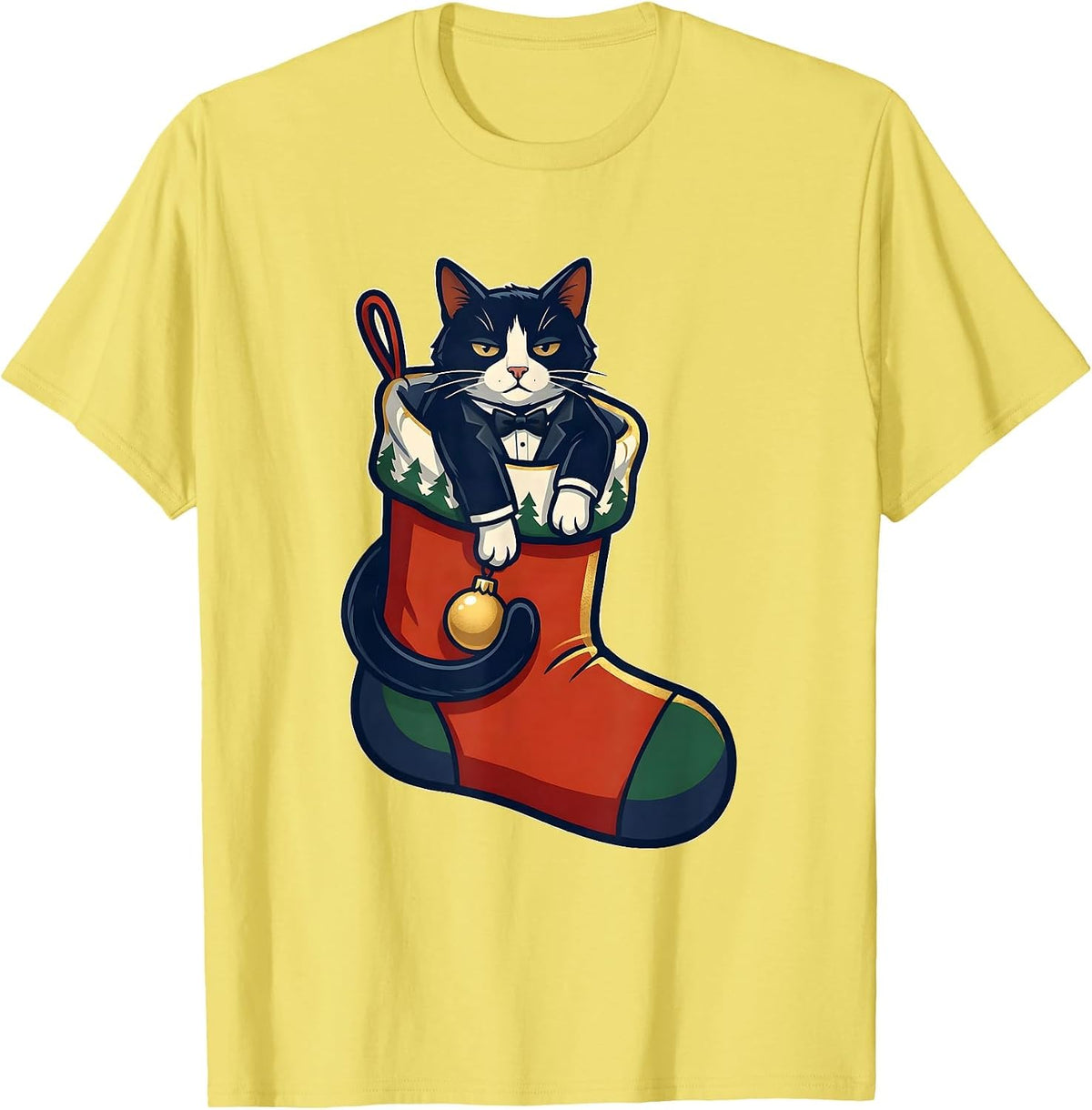Men's Deadpan Tuxedo Cat Oversized Christmas Stocking Holiday T-Shirt - Lemon Yellow