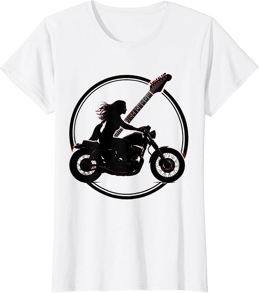 Women's Electric Guitar Motorcycle Rider Band Graphic T-Shirt - White
