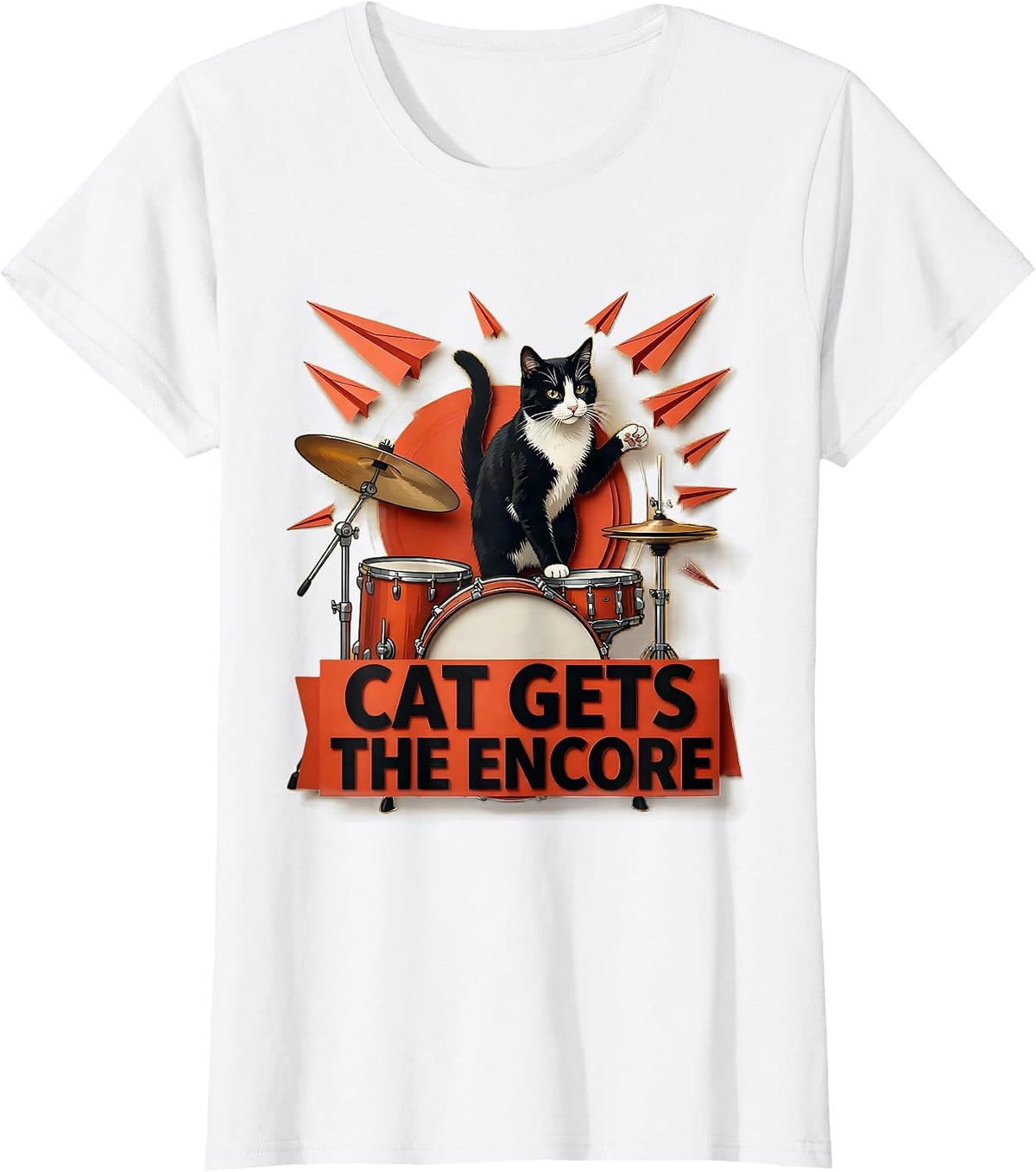 Cat Gets The Encore Funny Cat Musician Rock Band Parody Gift T-Shirt - White