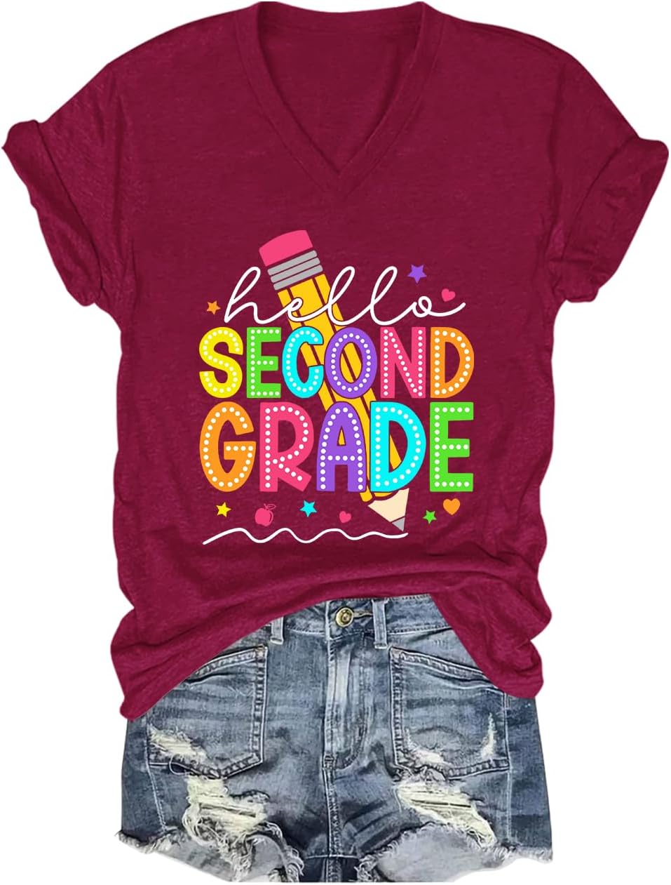 Hello Second Grade Shirt Funny Back to School Teacher T-Shirt - V-Neck Claret-1