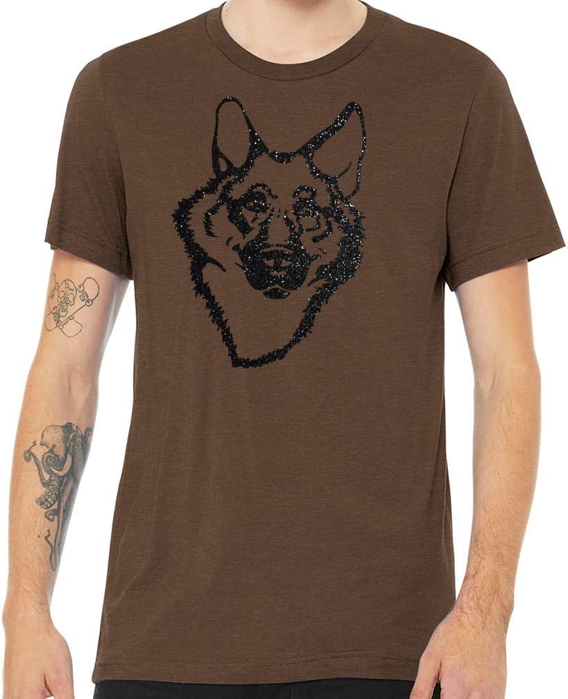 Dogline Unisex German Shepherd Dog Lovers Glitter Graphic Tee Shirt - Heather Brown