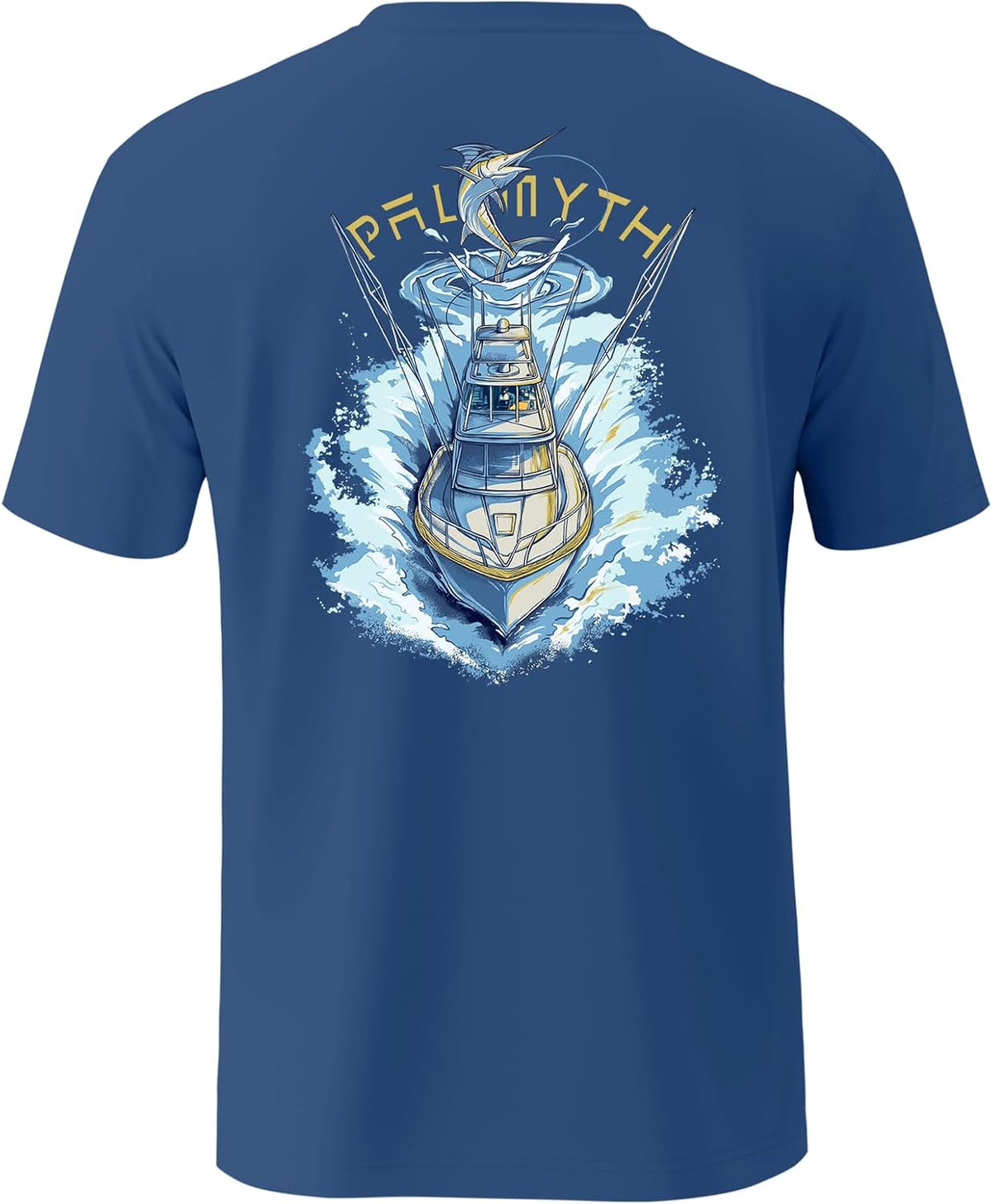 Palmyth Fishing Shirts for Men Short Sleeve UPF 50+ T-Shirt Quick Dry - Navy \/ Marlin Boat