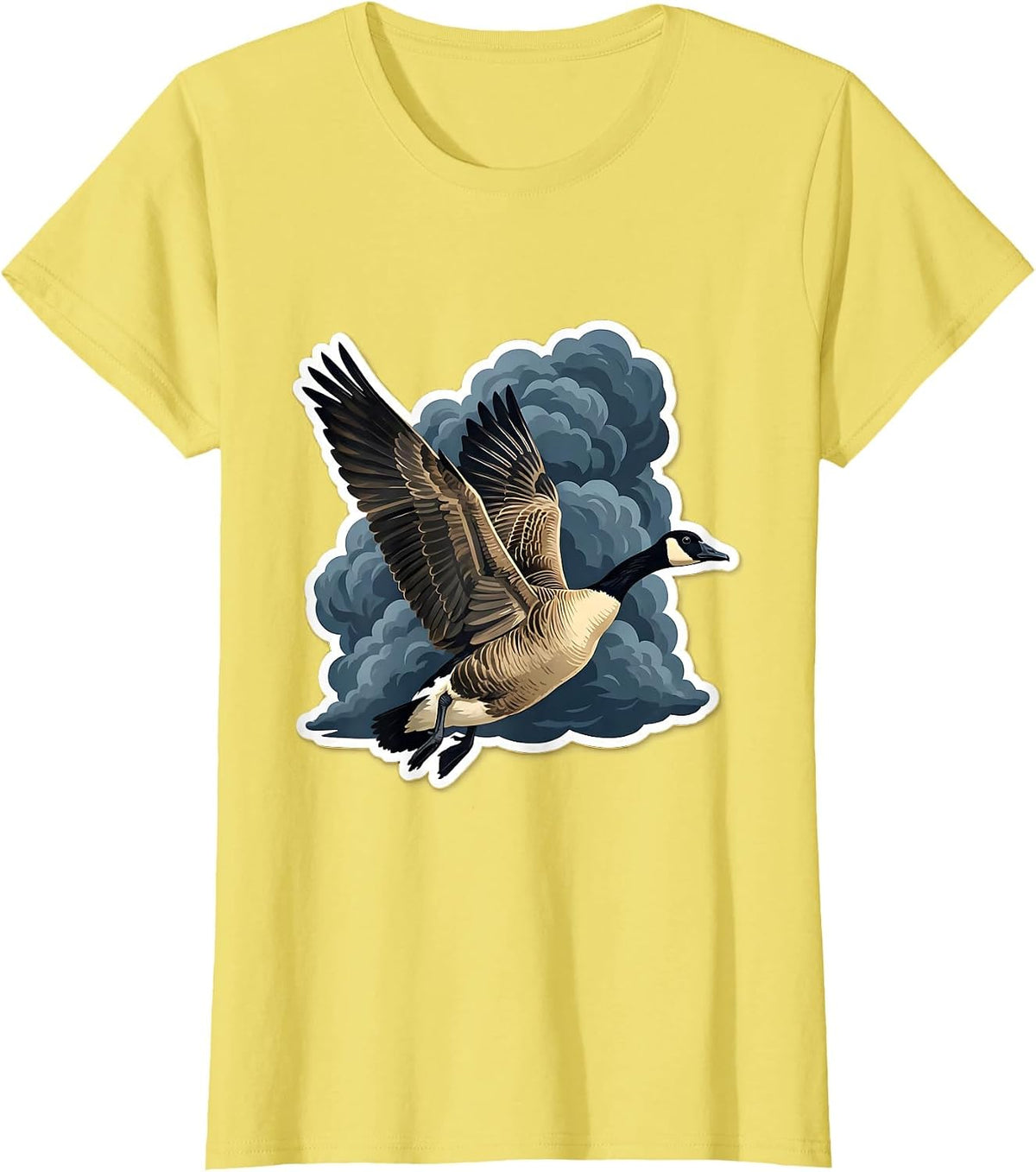 Women's Goose in Flight Stormy Sky Graphic Design T-Shirt - Lemon Yellow