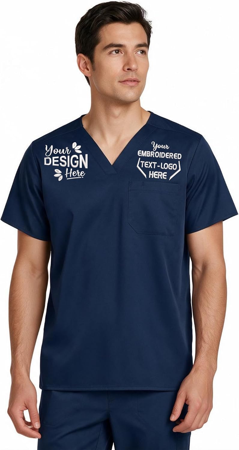Custom Embroidered Men's V-Neck Scrub Top – Add Your Name, Logo & Design - Navy
