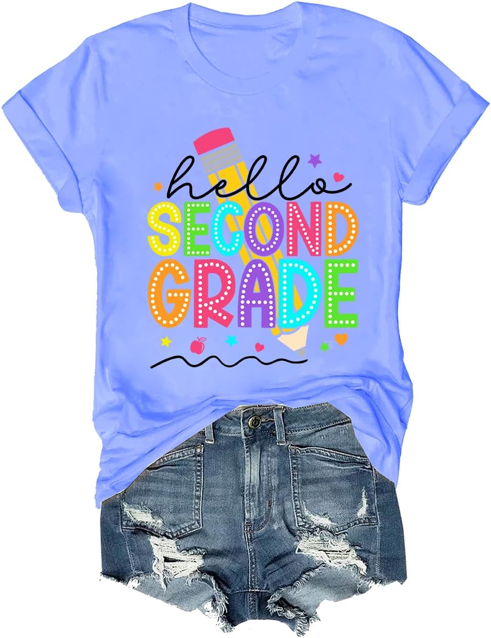 Hello Second Grade Shirt Funny Back to School Teacher T-Shirt - Crewneck Carolina Blue