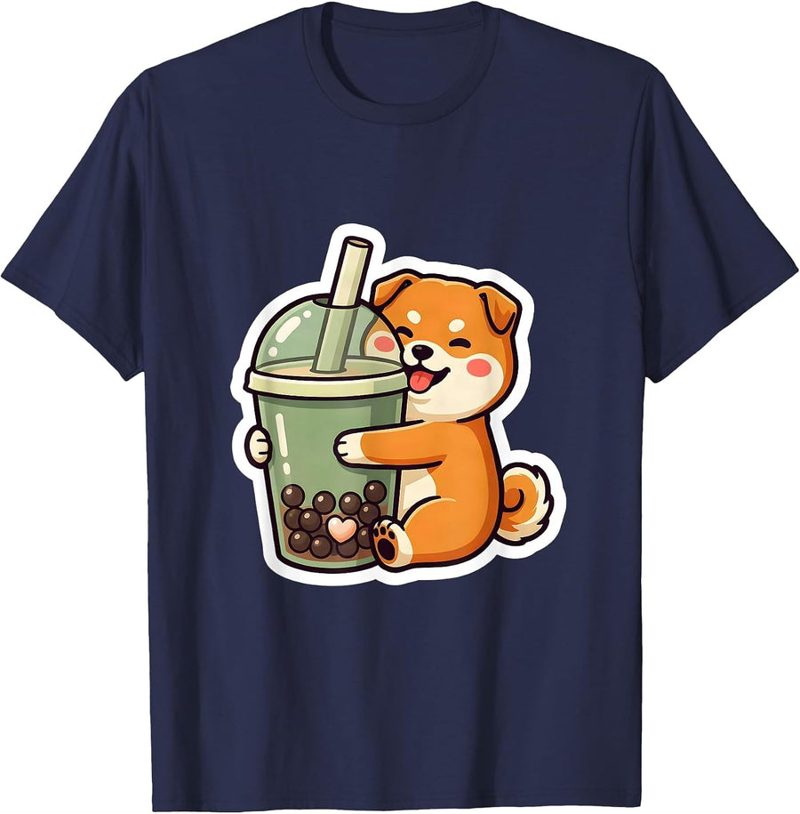 Shiba Inu Boba Tea Kawaii Anime Cute Animal Lover T-Shirt - Navy Blue