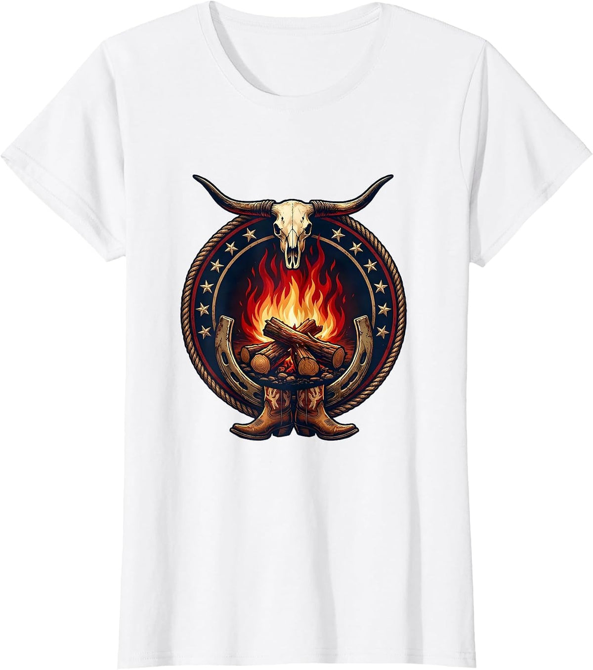 Campfire Under Starry Night Sky American Design T-Shirt - White