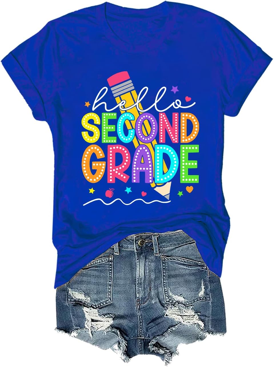 Hello Second Grade Shirt Funny Back to School Teacher T-Shirt - Crewneck Sapphire Blue
