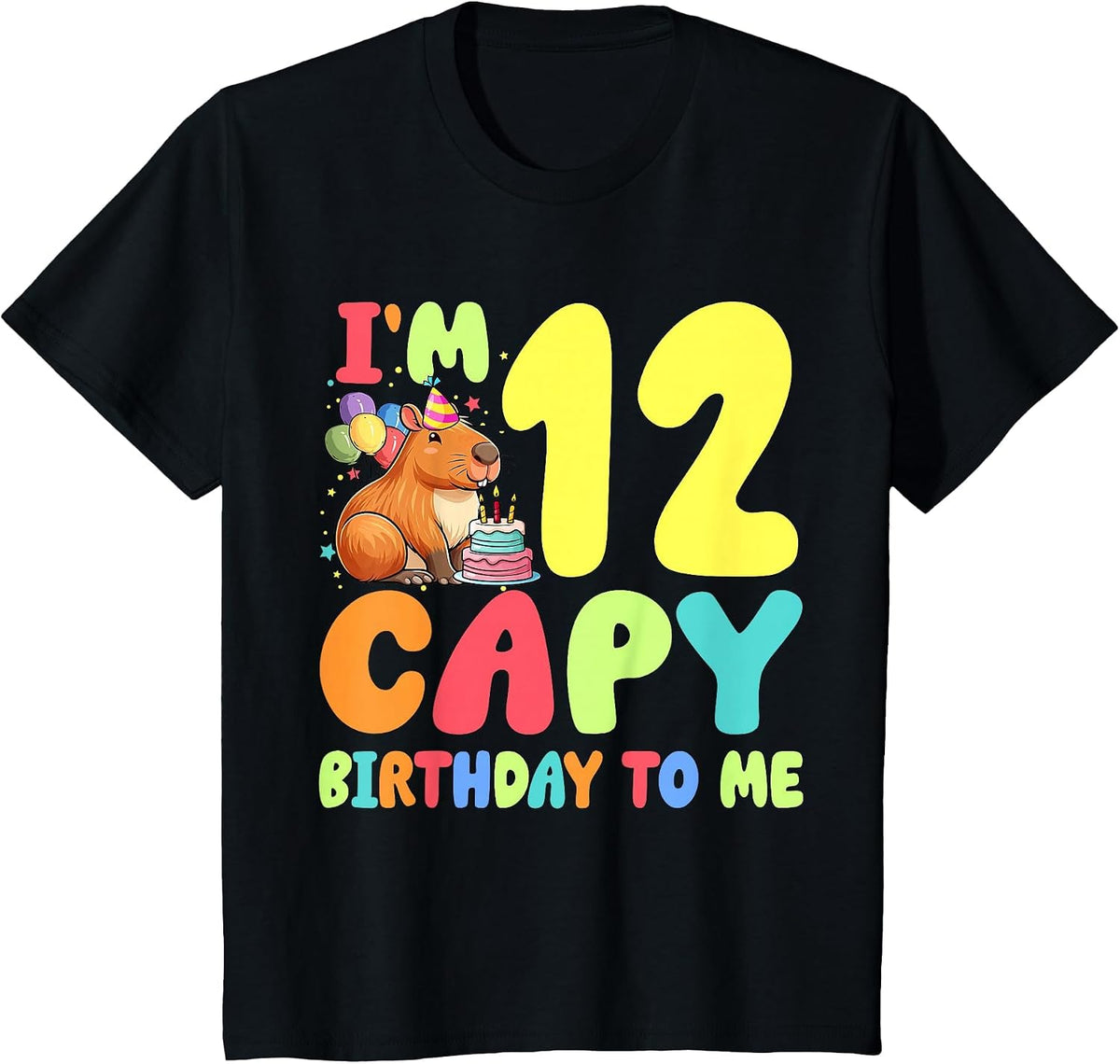 I'm 12 Year Old Capy Birthday to Me 12th Birthday Capybara T-Shirt - Black