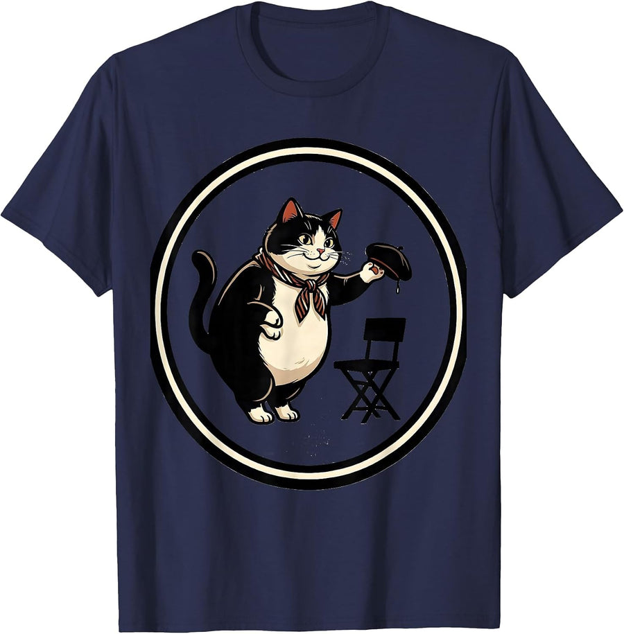 Funny Cat Beret Bowing Greeting Francophile Gift T-Shirt - Navy Blue