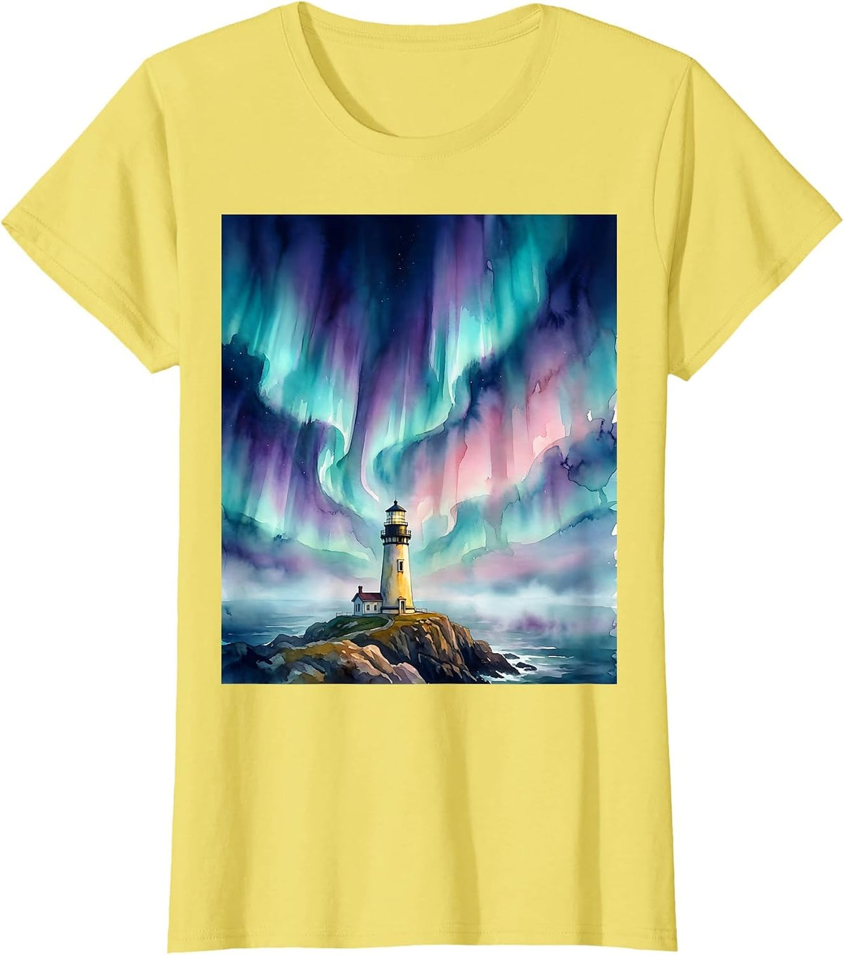 Women's Autism Awareness Lighthouse Aurora Borealis Design T-Shirt - Lemon Yellow