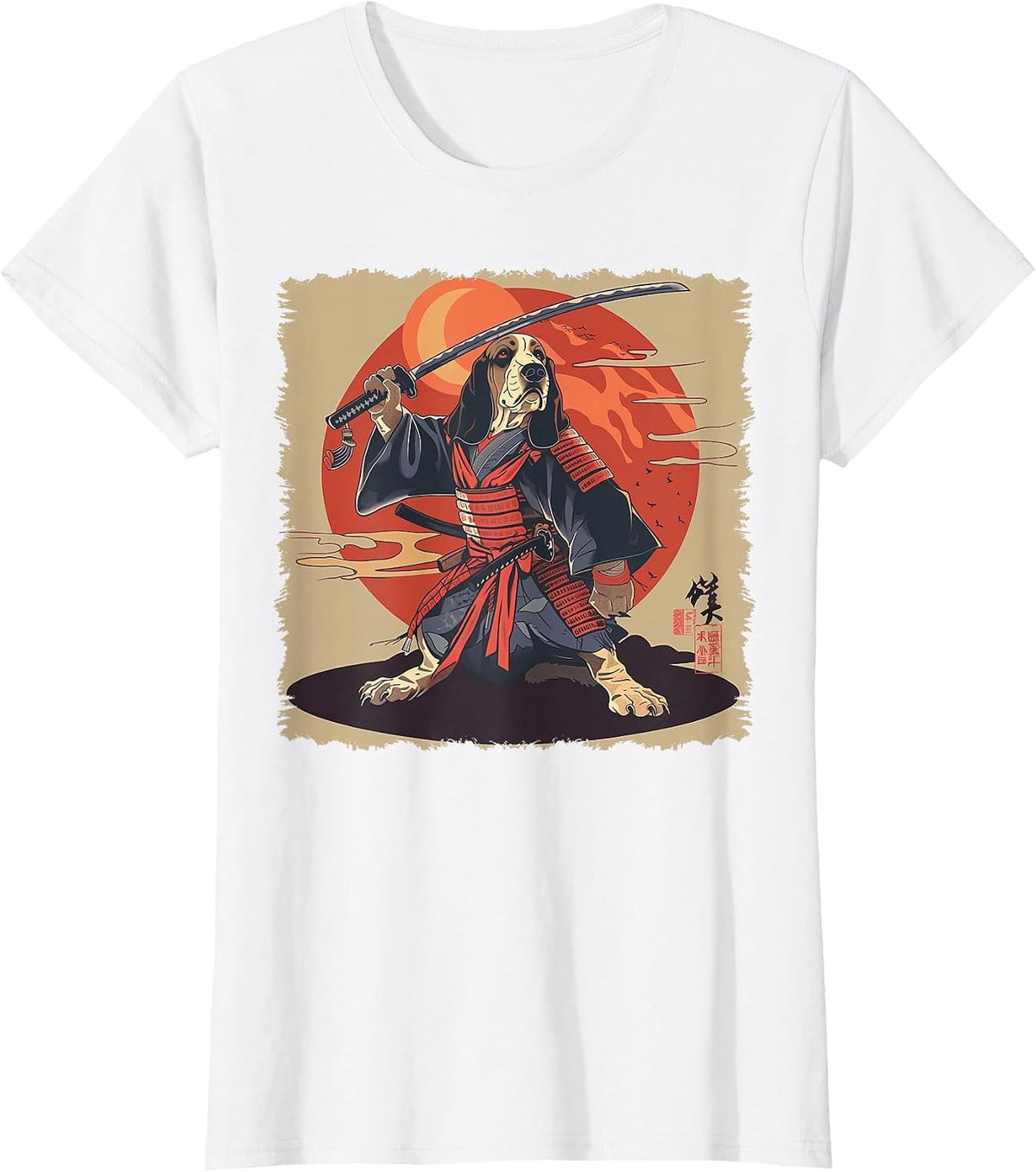 Basset Hound Dog Japanese Art Samurai Ukiyo-e T-Shirt - White