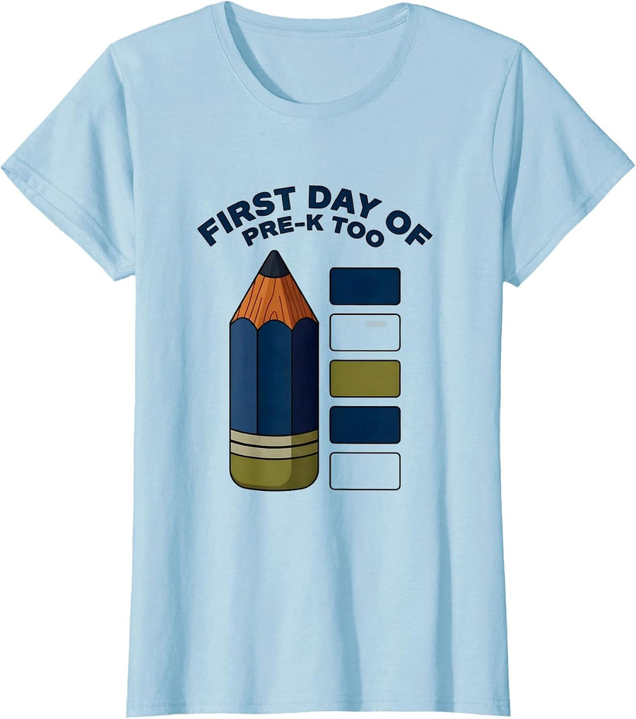 Women's First Day Of Pre-K Too Quilted Teacher Back To School Staff T-Shirt - Baby Blue