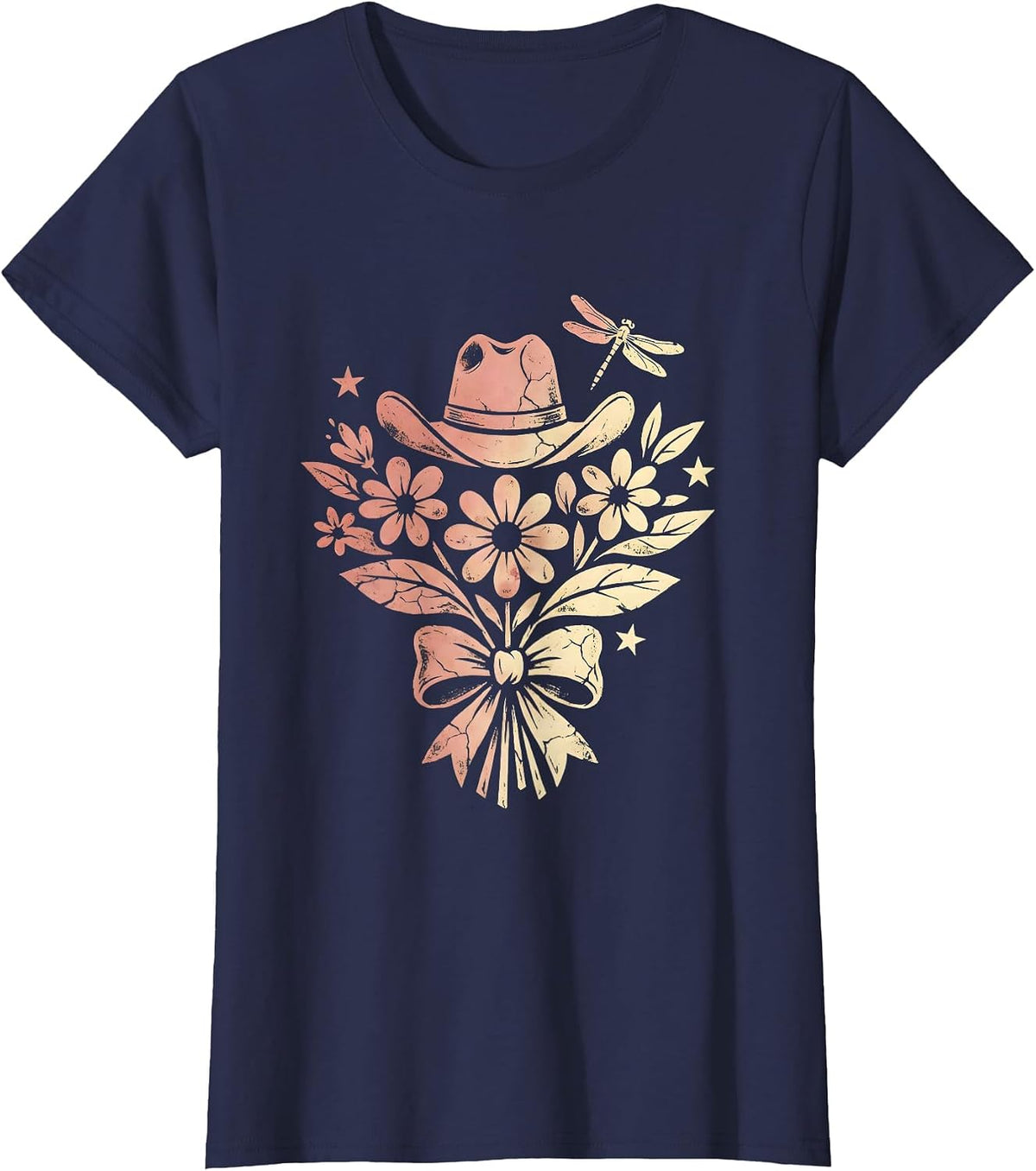 Women's Cowgirl Campfire Starry Night Illustration T-Shirt - Navy Blue
