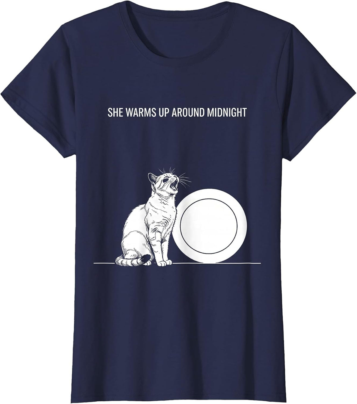 Women's She Warms Up Around Midnight Line Art Cat Howling at Moon T-Shirt - Navy Blue