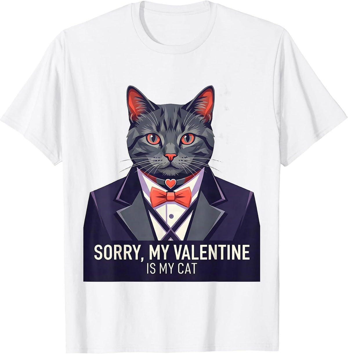 Men's Sorry, My Valentine Is My Cat Funny Tuxedo Bow Tie Costume T-Shirt - White