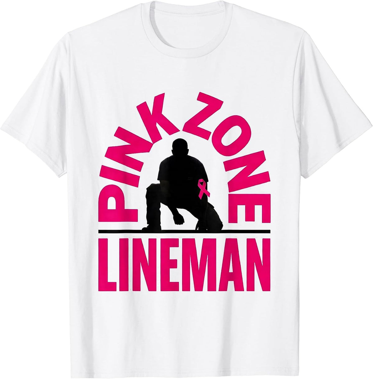 Men's Pink Zone Lineman Breast Cancer Awareness Football Pink Out T-Shirt - White