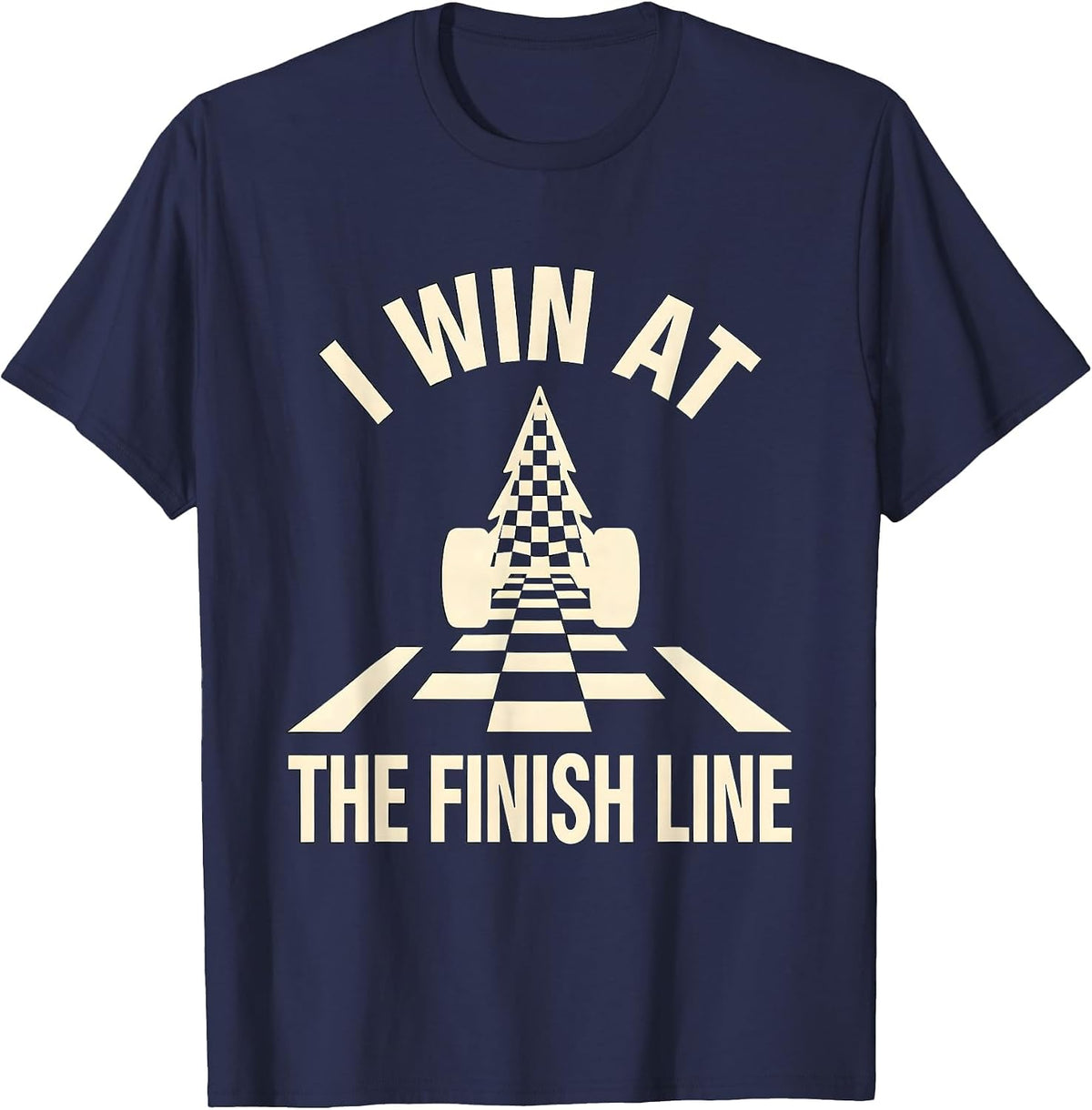Men's I Win At The Finish Line Competitive Racing Fan Checkered T-Shirt - Navy Blue