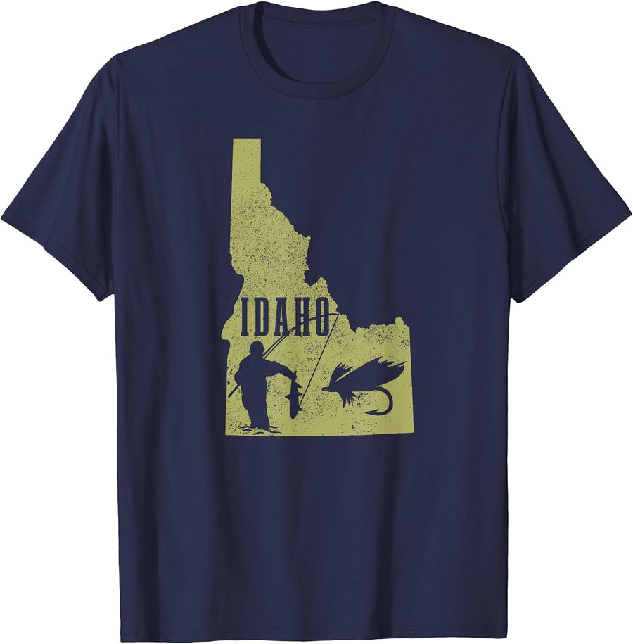 Idaho Fly Fishing Vintage State Map Trout Salmon T-Shirt - Navy Blue