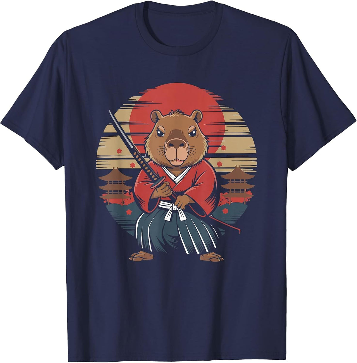 Japanese Samurai Capybara T-Shirt - Navy Blue