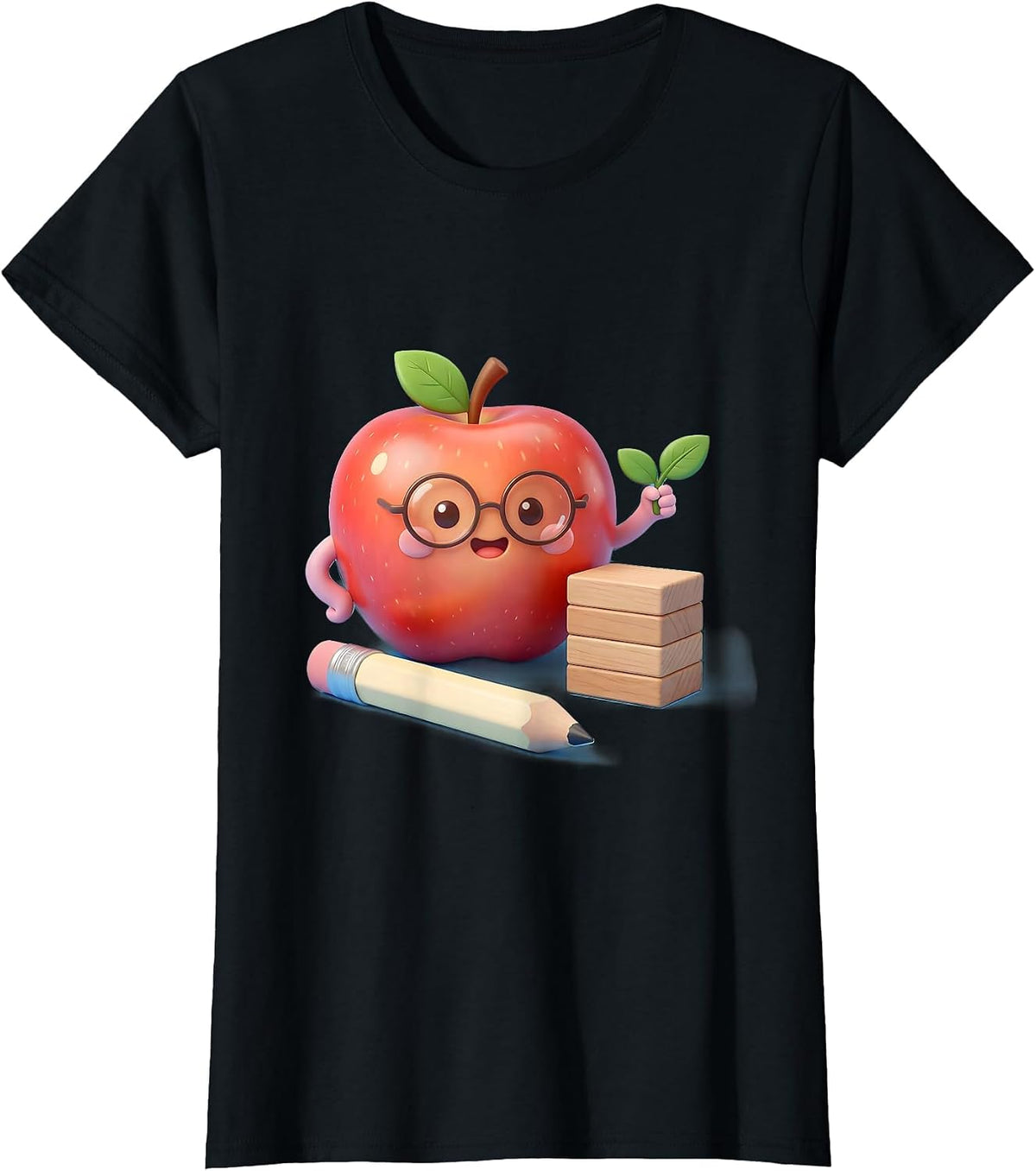 Smiling Apple Teacher Kawaii Pencil Back To School T-Shirt - Black
