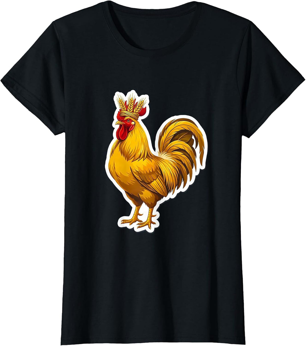 Regal Rooster Wheat Crown Illustration T-Shirt - Black