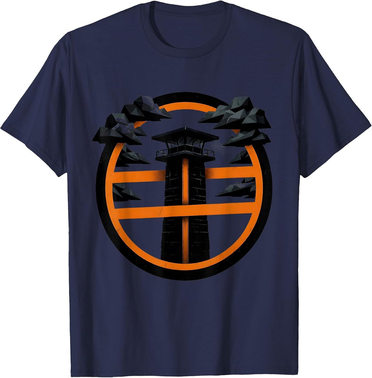 Men's Guard Tower Silhouette Stormy Night Design T-Shirt - Navy Blue