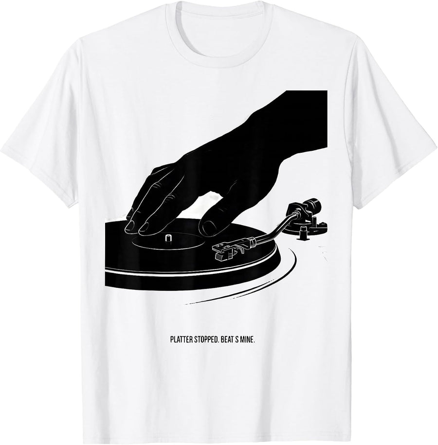 Men's Platter Stopped Beat's Mine Vinyl Record Collector DJ Humor T-Shirt - White