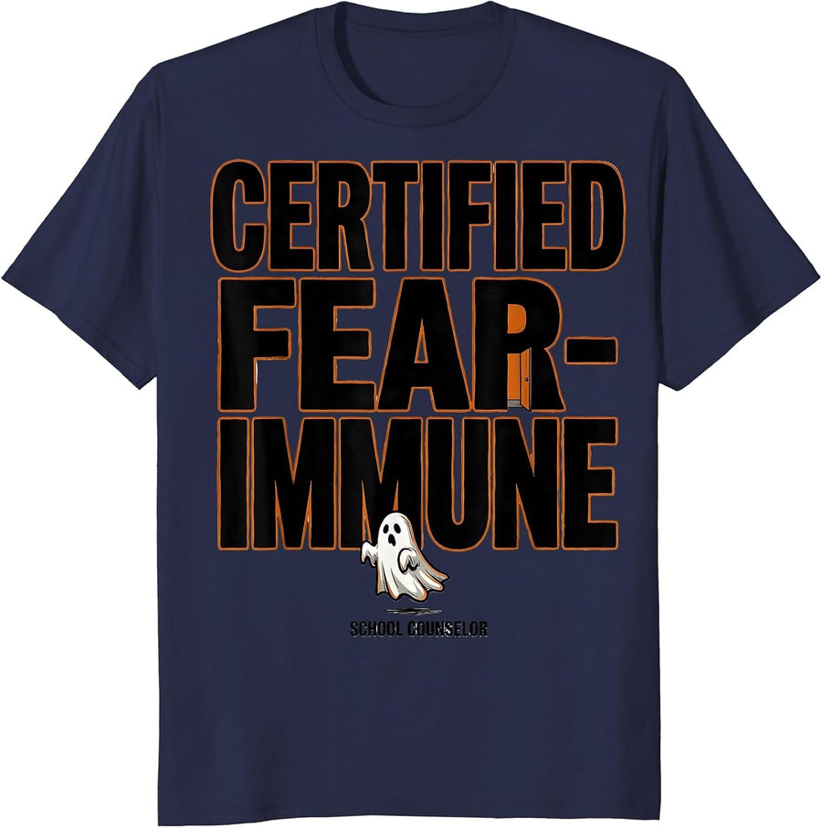 Certified Fear-Immune: School Counselor Funny Halloween T-Shirt - Navy Blue
