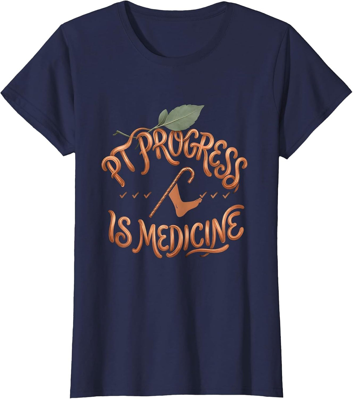 Women's PT Progress Is Medicine Boho Typography Physical Therapy PT T-Shirt - Navy Blue