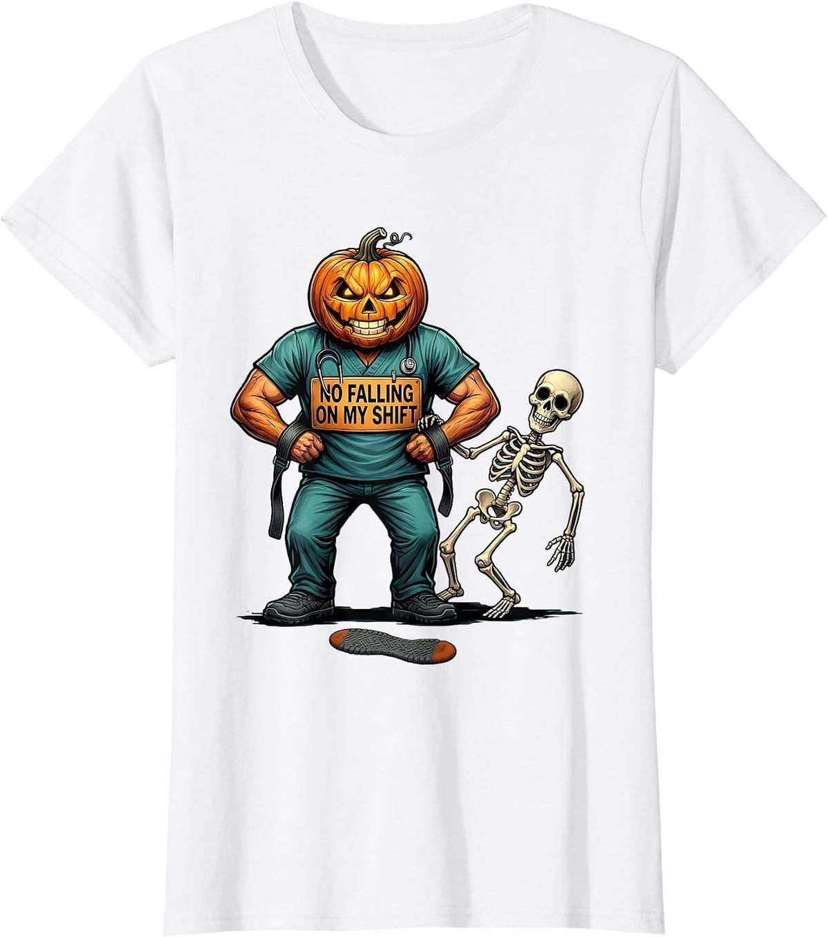No Falling On My Shift Funny Nurse Halloween Fall Prevention T-Shirt - White