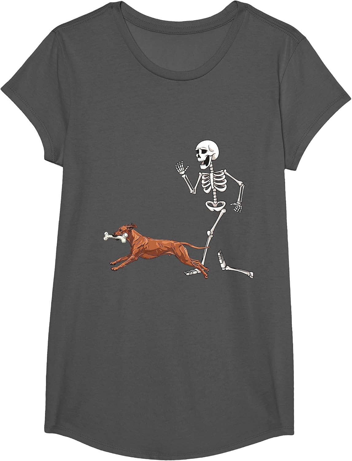 Funny Halloween Rhodesian Ridgeback and Skeleton T-Shirt - Girls Asphalt Grey