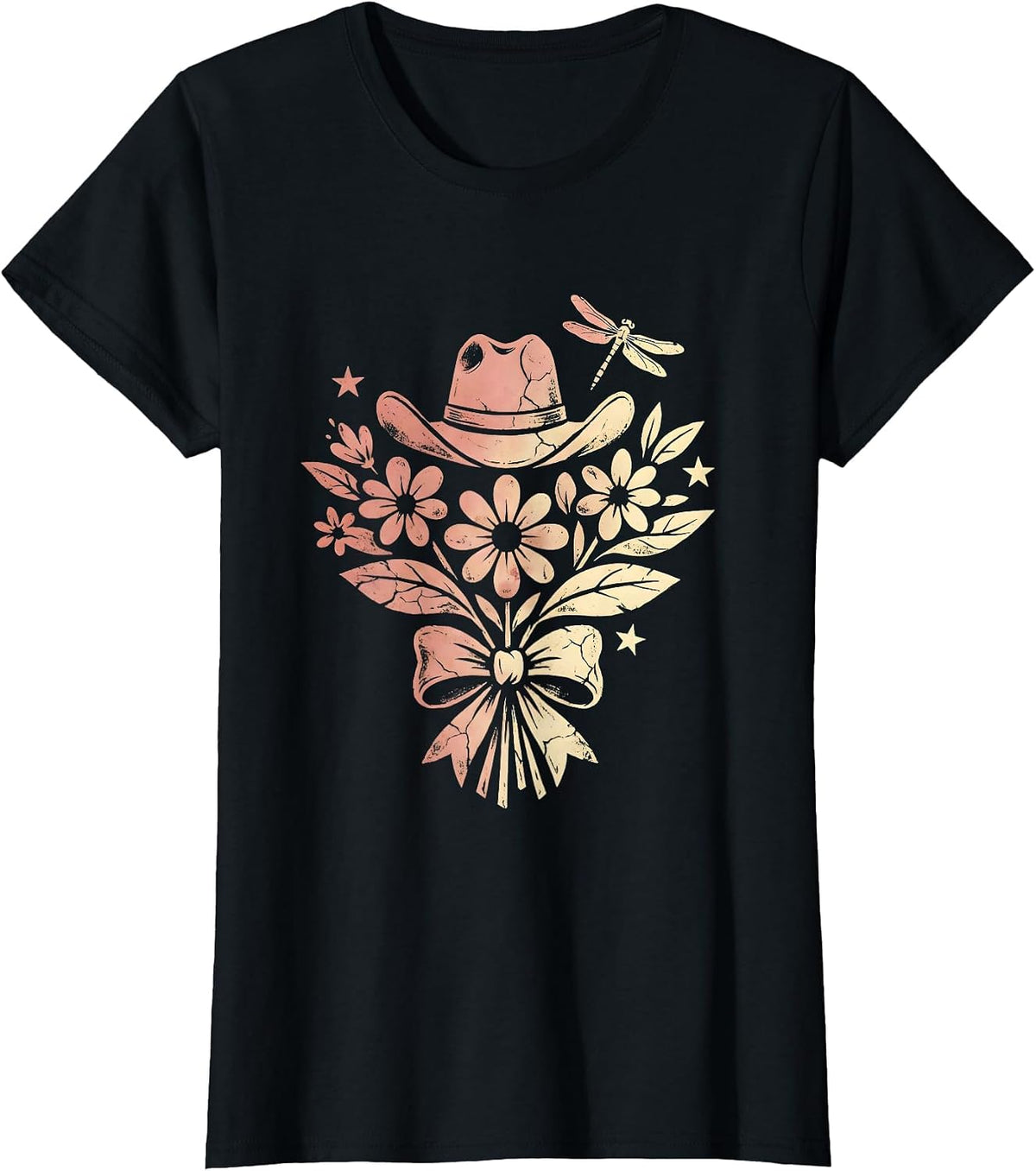 Women's Cowgirl Campfire Starry Night Illustration T-Shirt - Black
