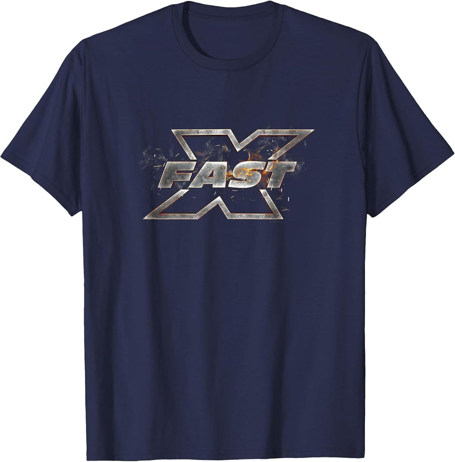 Fast X Flaming Metallic Brand Title Movie Logo T-Shirt - Navy Blue