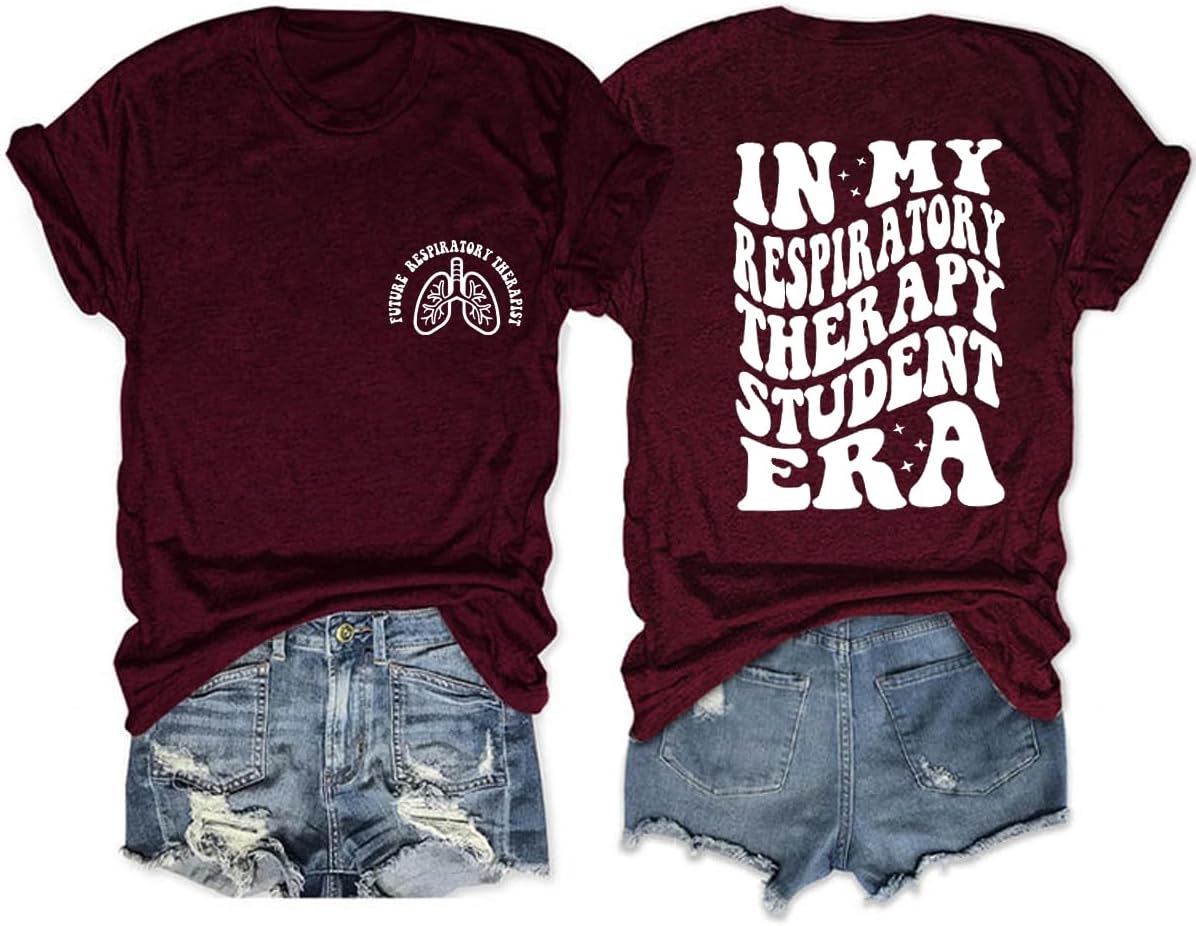 Women's Respiratory Therapy Student Shirt Future Respiratory Therapist T-Shirt Letter Print Back Front Graphic Tee - Wine Red