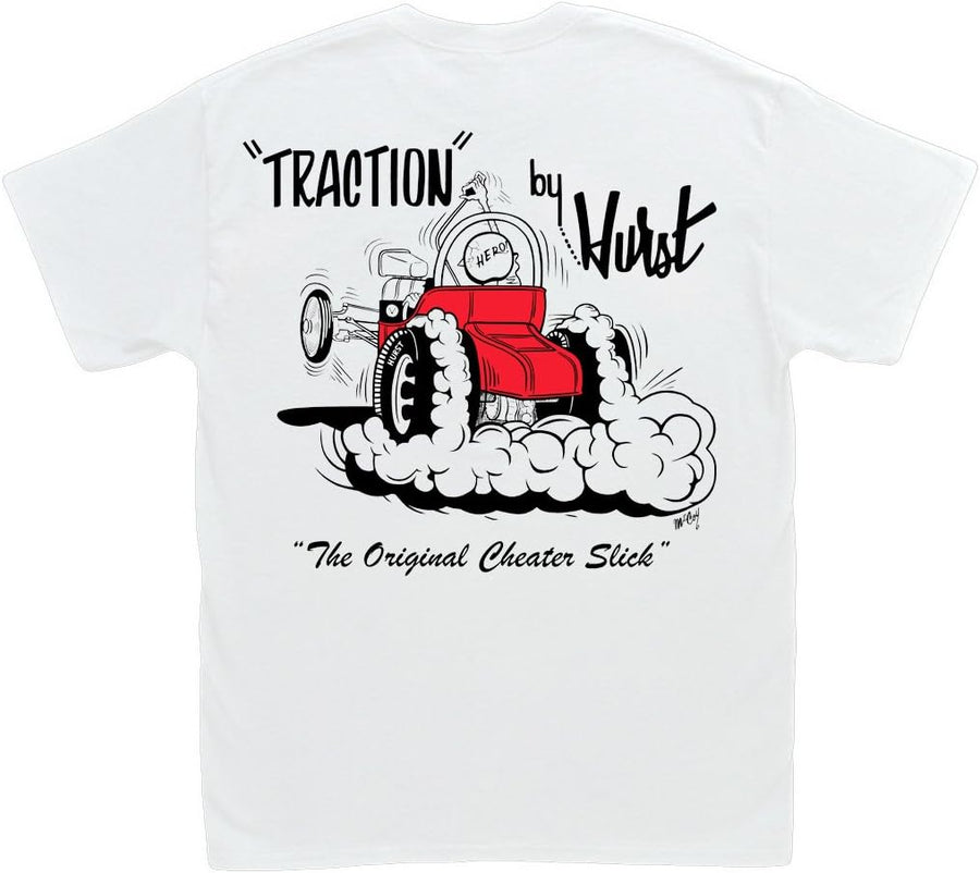 Hot Shirts Traction by Hurst Cheater Slicks T-Shirt Vintage Drag Gasser Hot Rod - White
