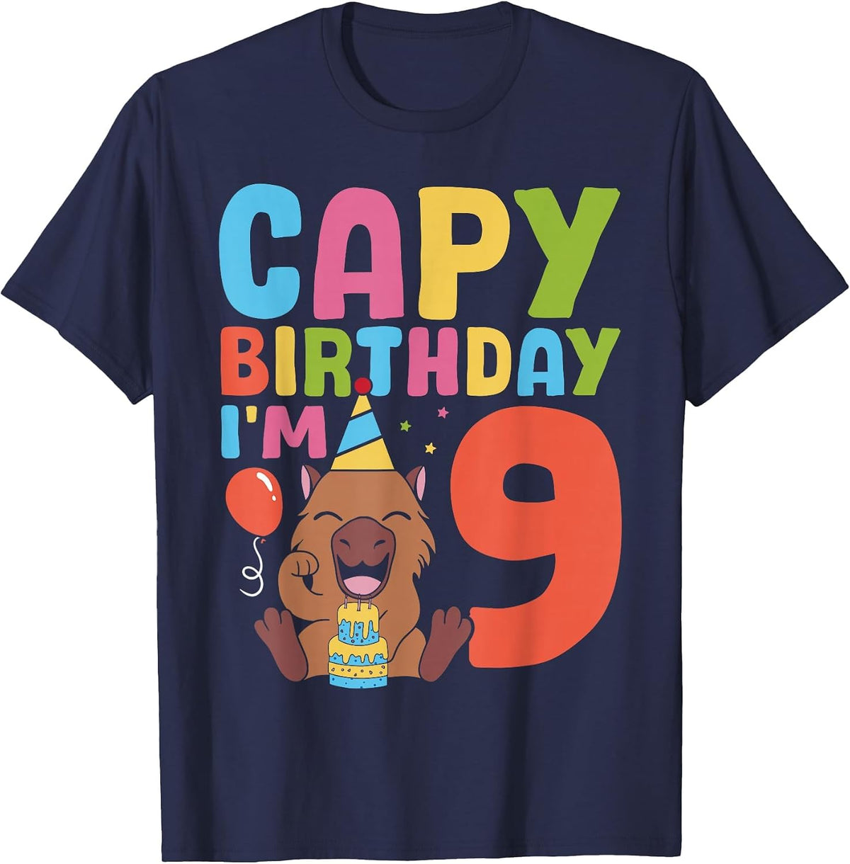 Capy Birthday I'm 9 Capybara 9th Birthday Decorations T-Shirt - Navy Blue