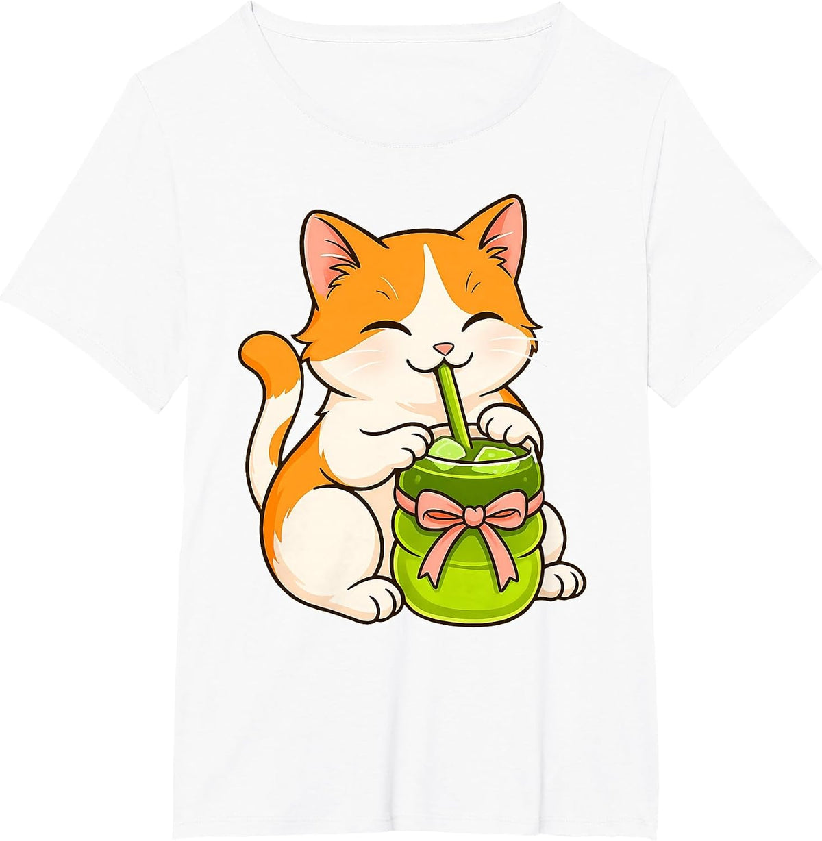 Cute Cat Drinking Matcha Japanese Tea Kawaii Cat Graphic T-Shirt - White