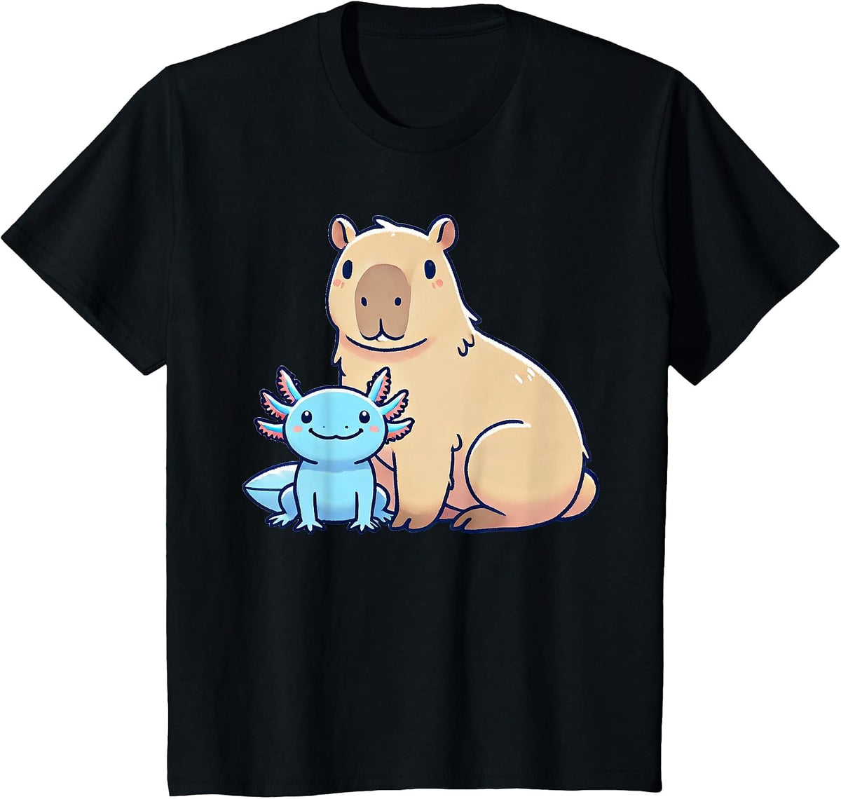 Kawaii Capybara Axolotl T-Shirt - Black