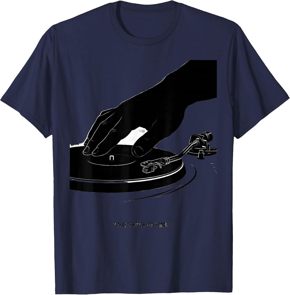 Men's Platter Stopped Beat's Mine Vinyl Record Collector DJ Humor T-Shirt - Navy Blue