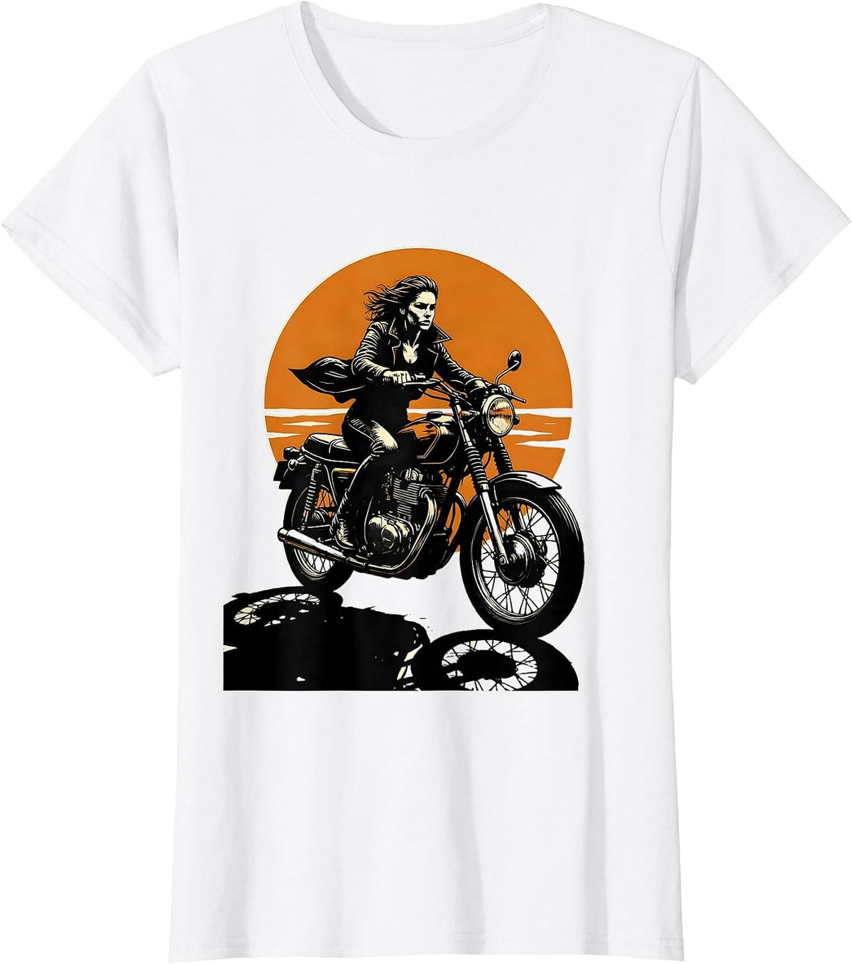 Women's Female Biker Silhouette Sunset Motorcycle Design T-Shirt - White