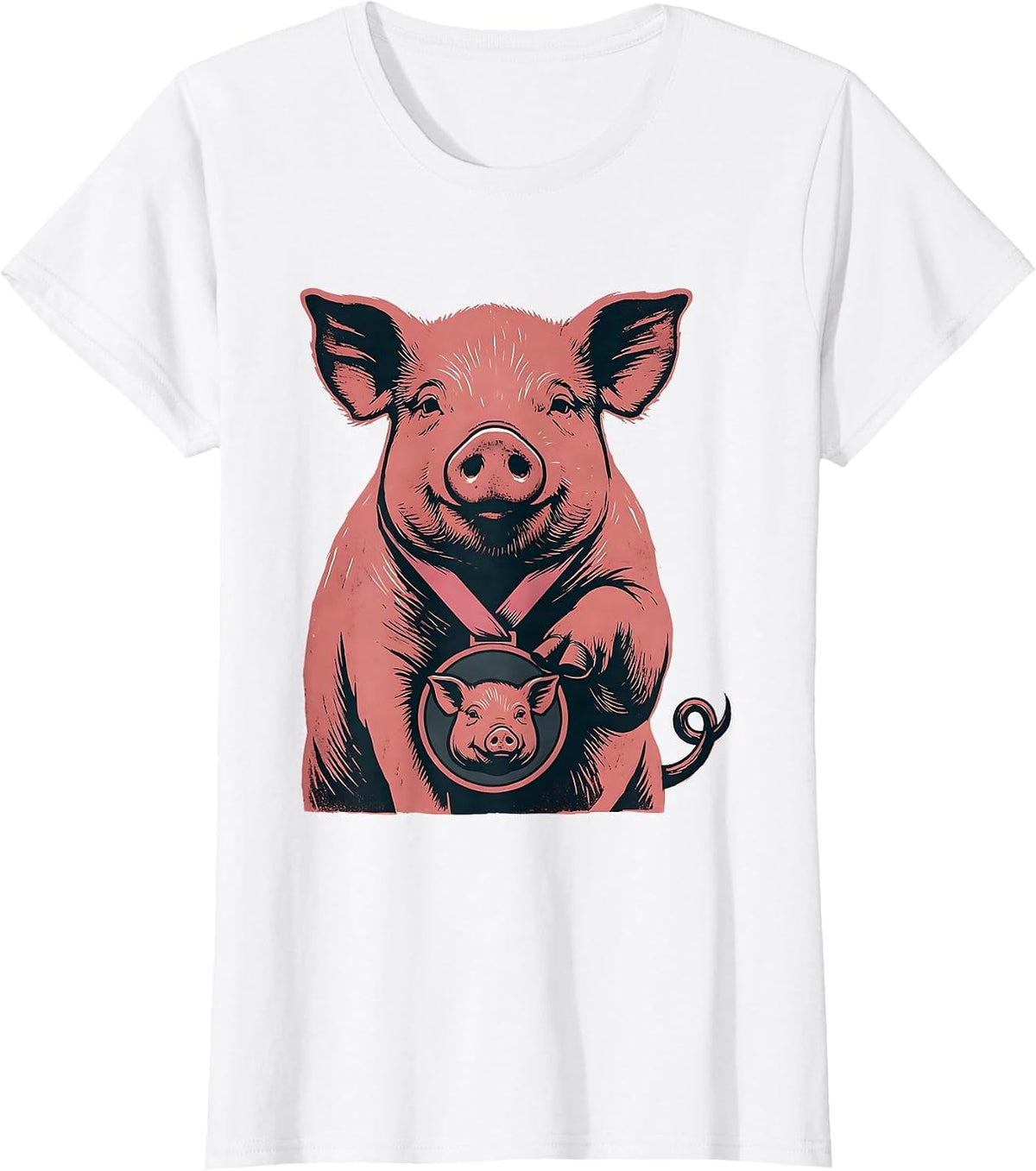 Pig Medal Linocut Funny Farm Animal Lover Gift T-Shirt - White
