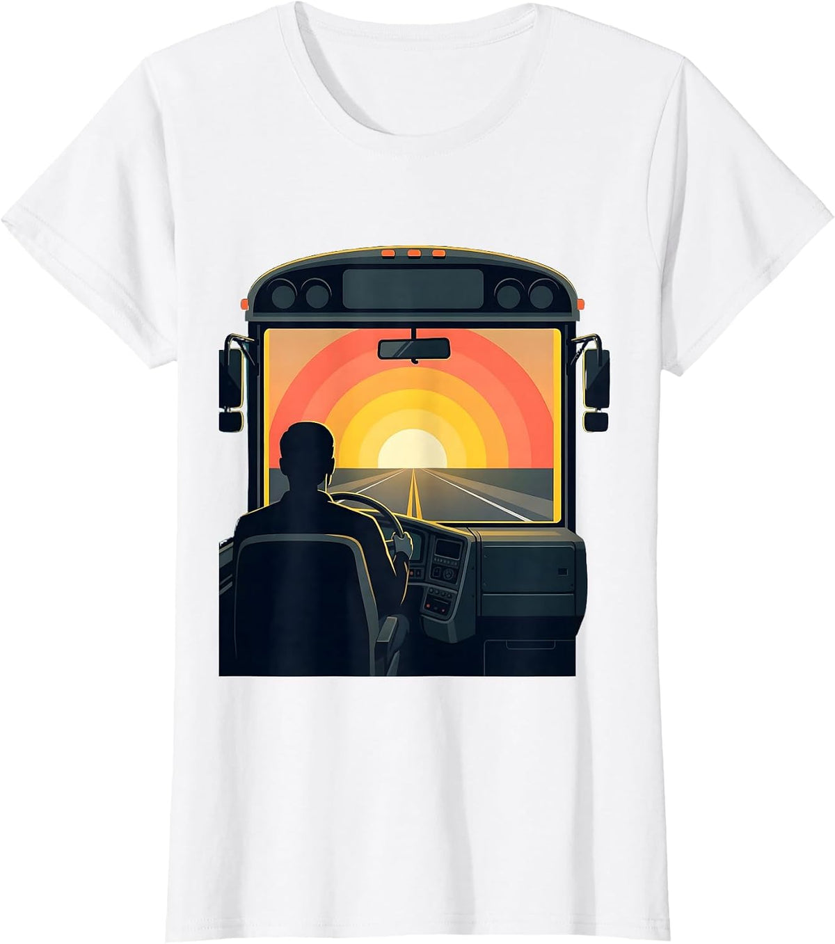 School Bus Driver Silhouette Sunrise Road Graphic T-Shirt - White