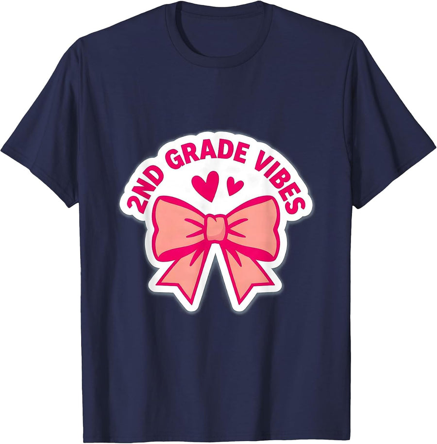 2nd Grade Vibes Coquette Bow Back to School Second Grade T-Shirt - Navy Blue
