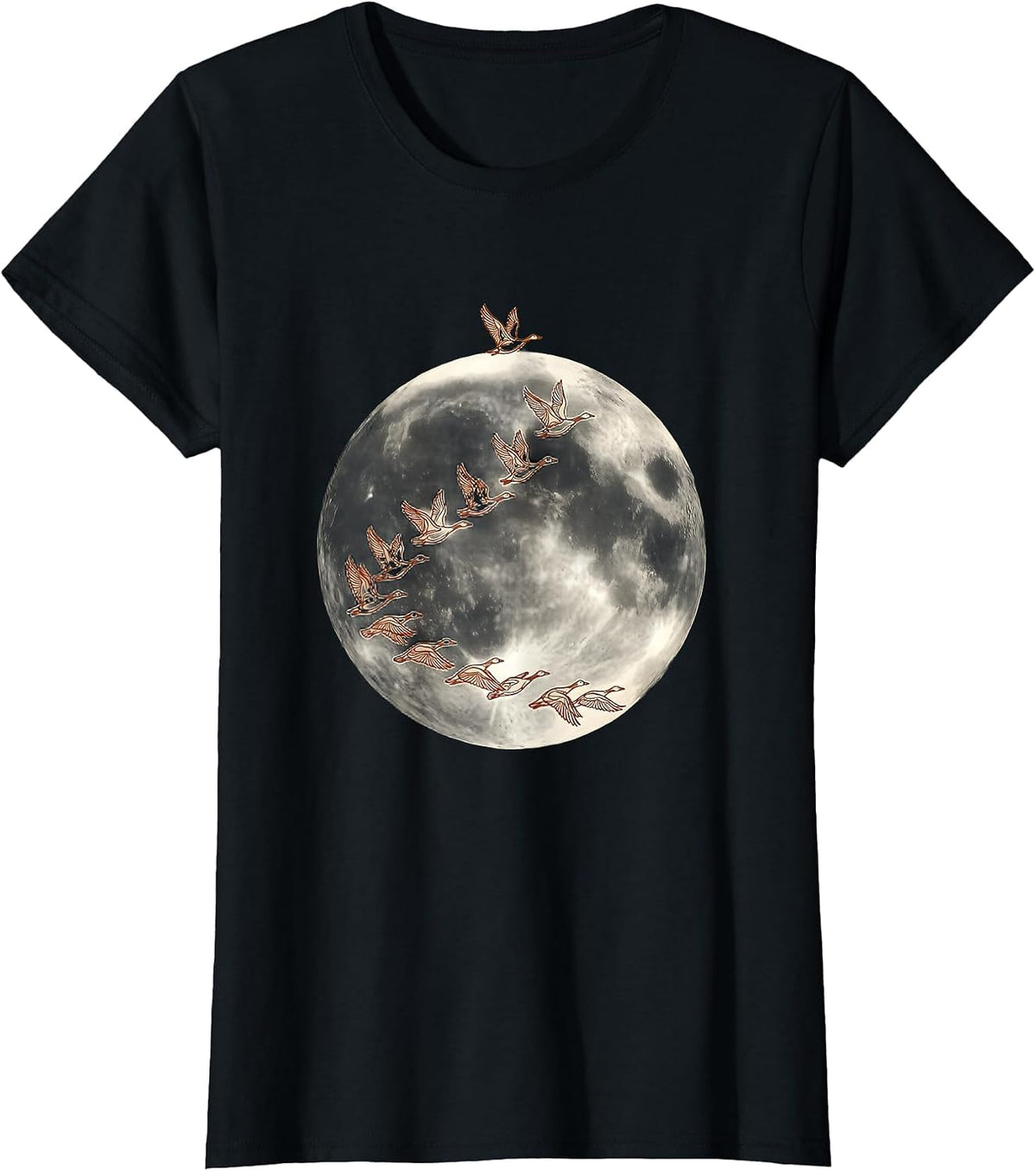 Full Moon Geese V-Formation Fall Nature Design T-Shirt - Black