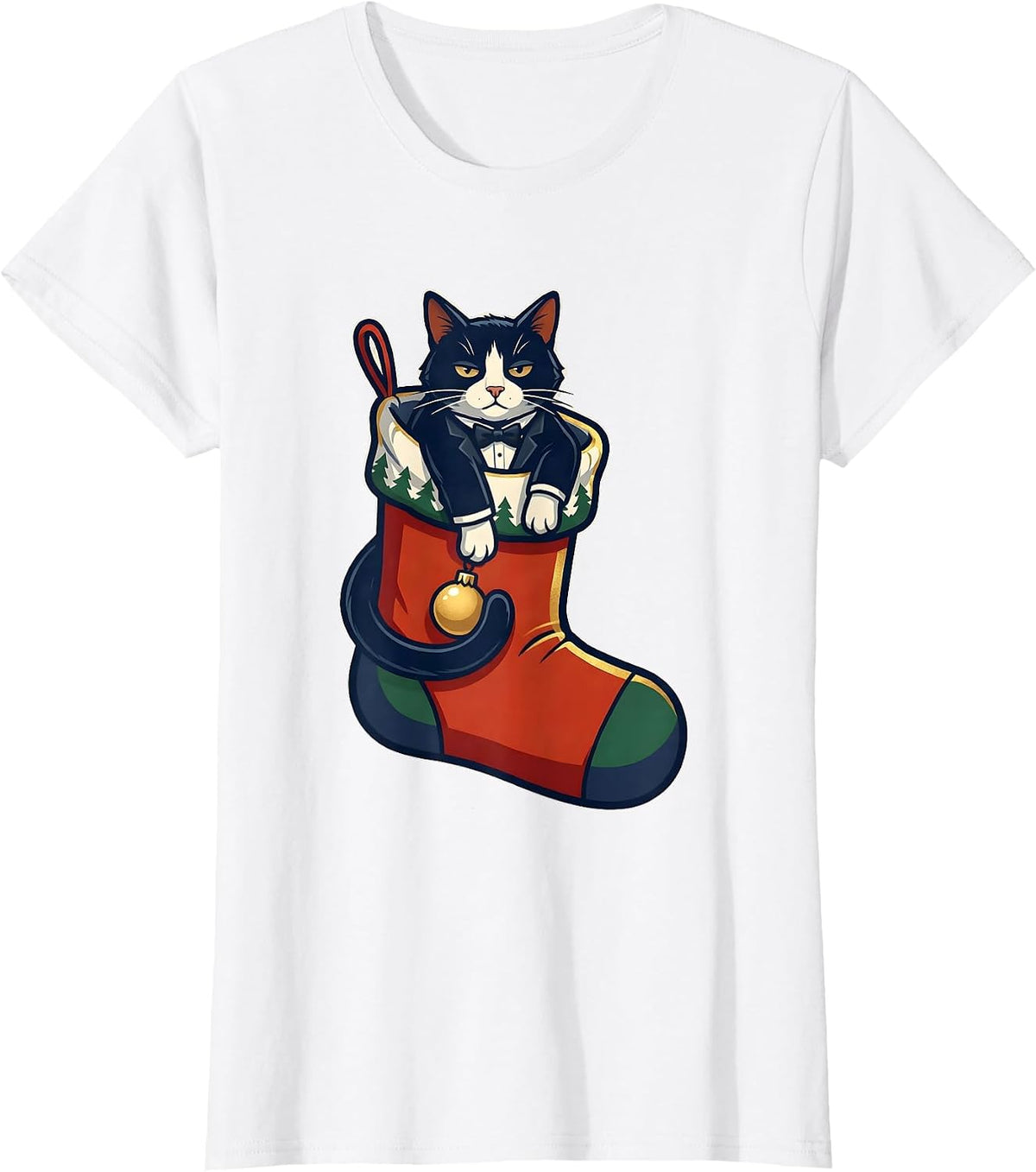 Women's Deadpan Tuxedo Cat Oversized Christmas Stocking Holiday T-Shirt - White