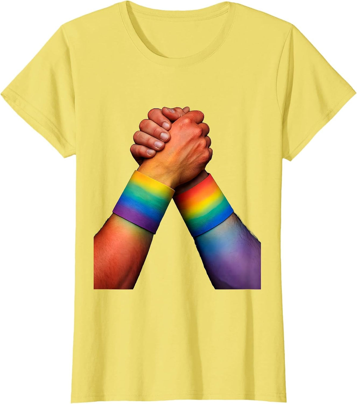 Rainbow Wristband Clasped Hands Pride Graphic T-Shirt - Lemon Yellow