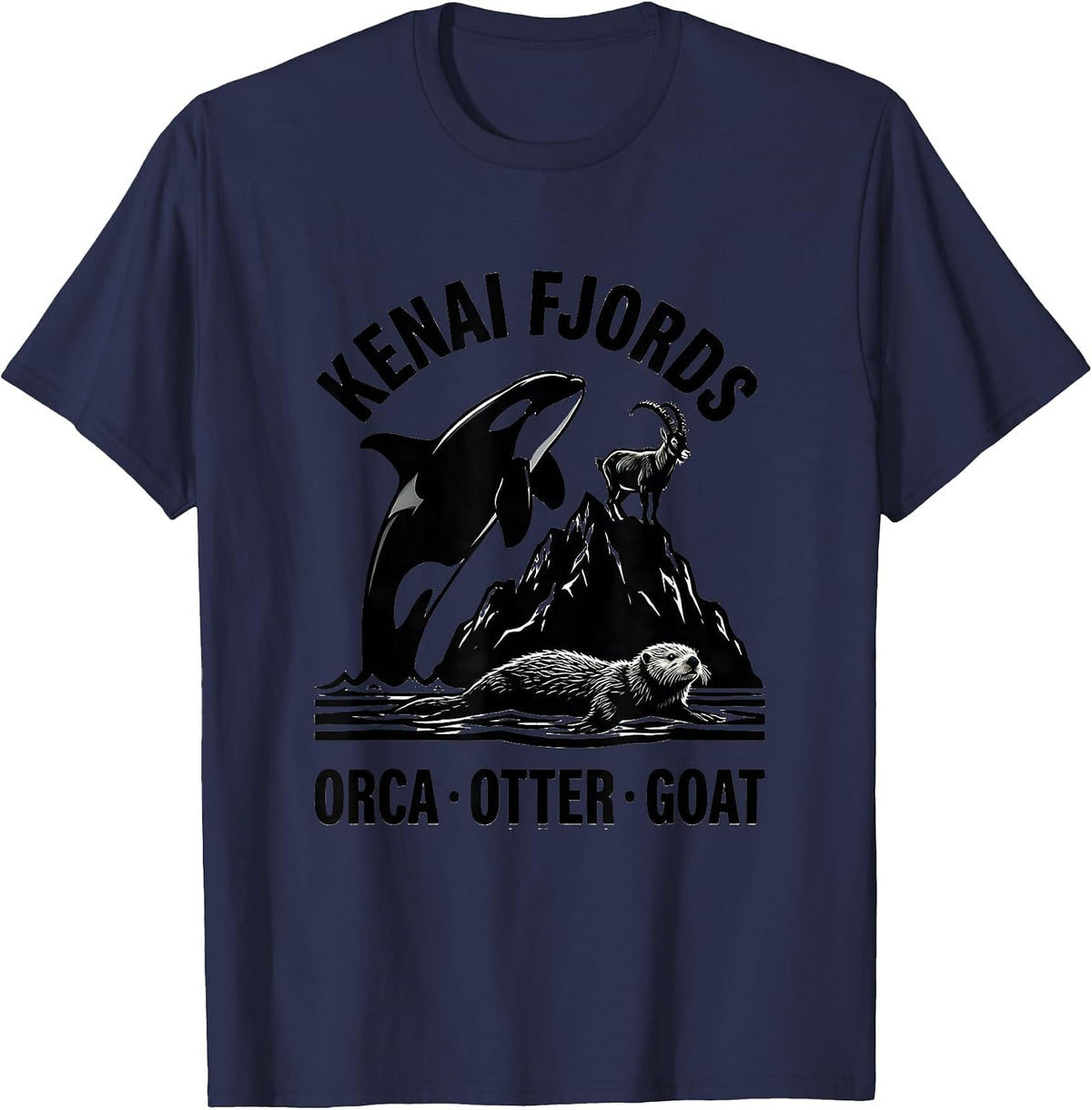 Men's Kenai Fjords Orca Otter Goat Alaska Wildlife Souvenir T-Shirt - Navy Blue