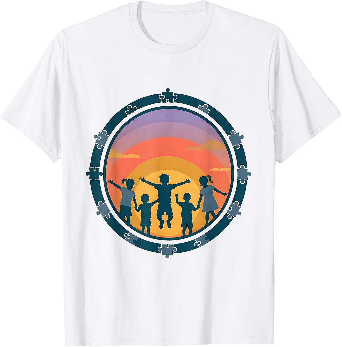 Men's Autism Awareness Diverse Children Sunset Silhouette T-Shirt - White